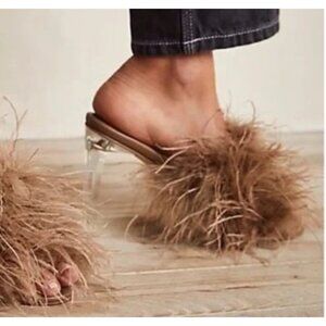 JEFFREY CAMPBELL Daisy Feather Sandal Lucite 4" Heel Taupe Brown Size 6